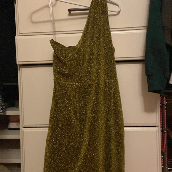 Lulus brownish green sparkly hoco dress one shoulder - Picture 2 of 3